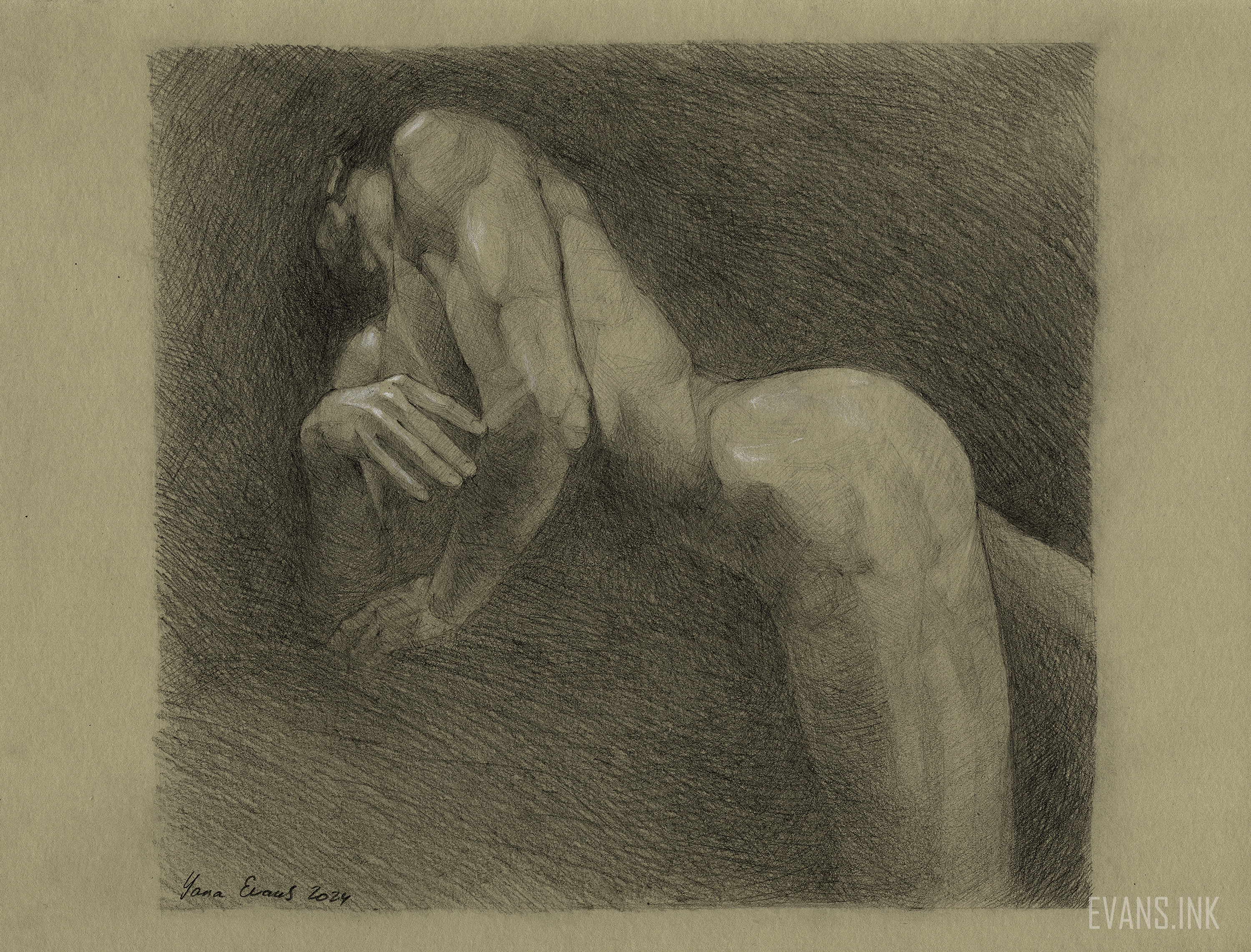 Doblado hacia el silencio – Dibujo original a lápiz de desnudo masculino sobre papel entonado