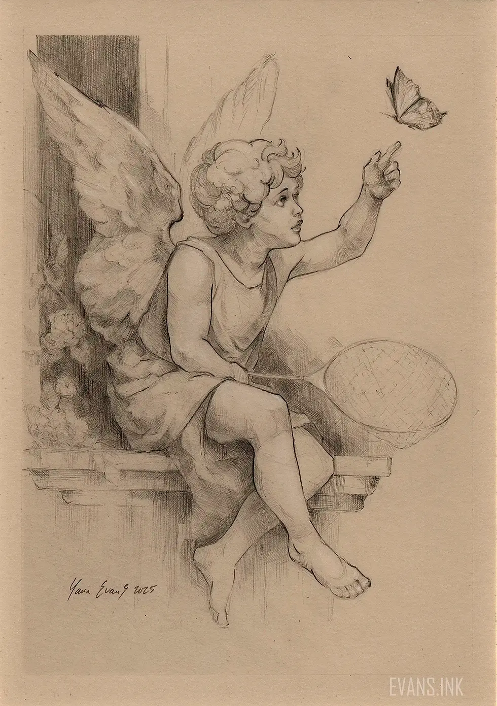 Pencil drawing of a cherub angel with wings reaching upward toward a butterfly in flight by Yana Evans