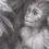 Thumbnail: Graphite drawing by artist Yana Evans of a young monkey holding an apple beside a basket of lilies in soft chiaroscuro style