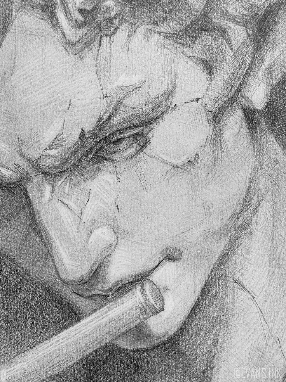Close-up part of Drawing by Yana Evans of a horned figure with pointed ears playing a flute depicting greek god Pan or Roman god Faunus. The detailed pencil sketch features textured shading. Signature reads @EVANS.INK.