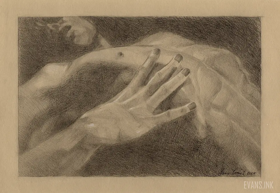Sensitive Pencil drawing of a nude male torso with a detailed hand resting on the chest on toned paper by artist Yana Evans