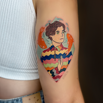 Tatuaje de persona con camiseta arco iris con dos peces koi naranjas y formas de agua fluyendo, por Yana Evans (Evans Ink)