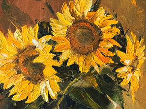 Oil painting of sunflowers by Yana Evans Ink in a vase with a warm, textured background. The vivid yellow petals contrast with the muted earthy colors