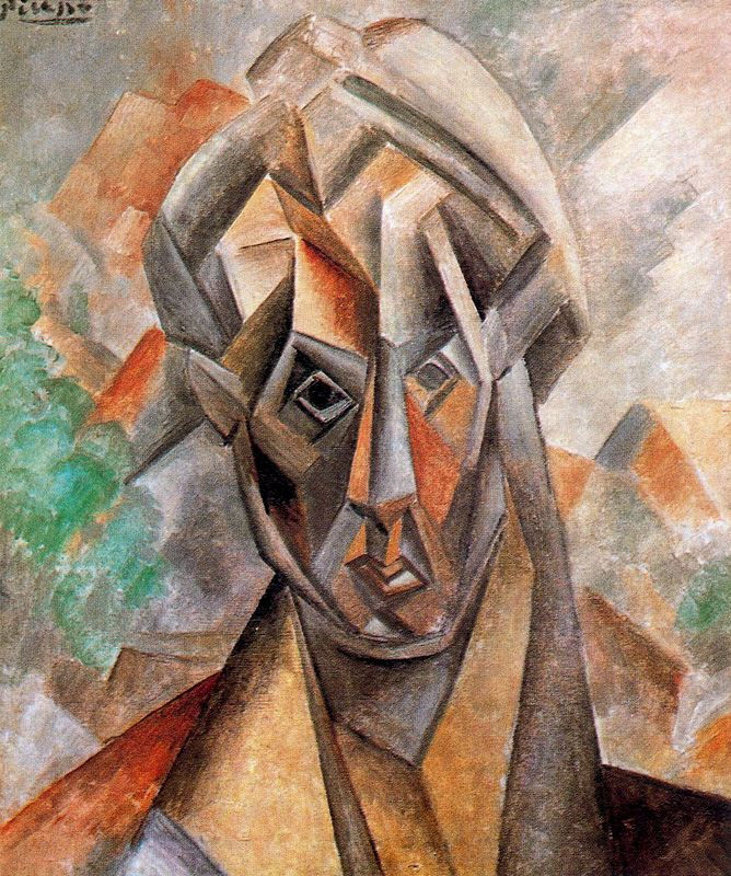 Pablo Picasso 1909 Cubist painting Head of a Woman (Fernande), with angular forms and abstract geometric planes