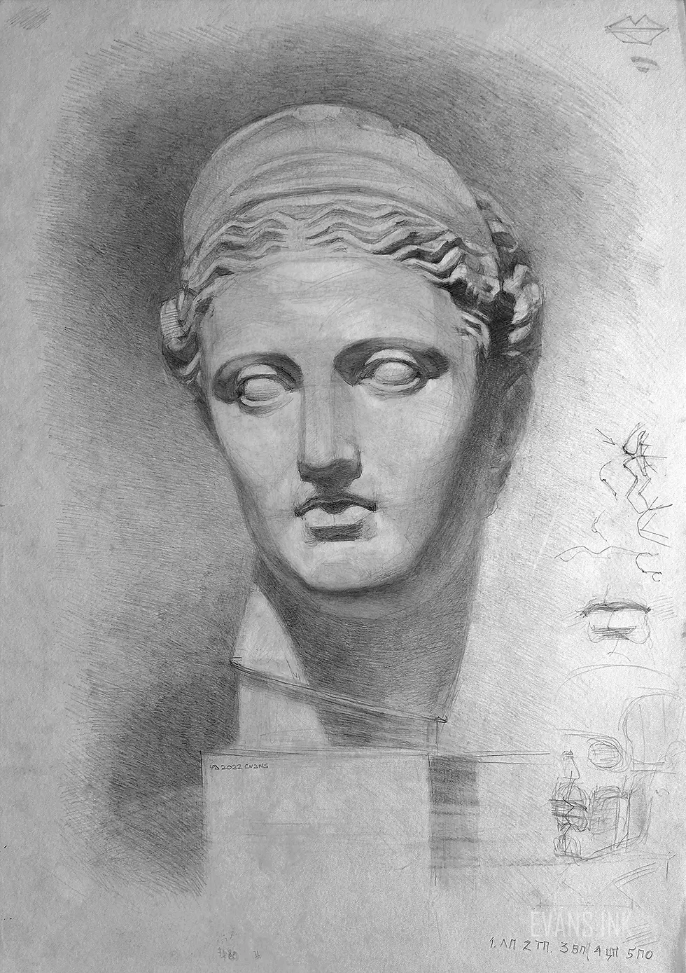 Pencil drawing of Goddess Diana in the Russian Drawing Method by Yana Evans, classical academic style
