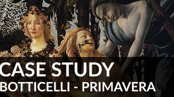 Detail of Botticelli Primavera featuring Flora crowned with flowers, Zephyrus seizing Chloris with text case study - analysis of painting by Yana Evans