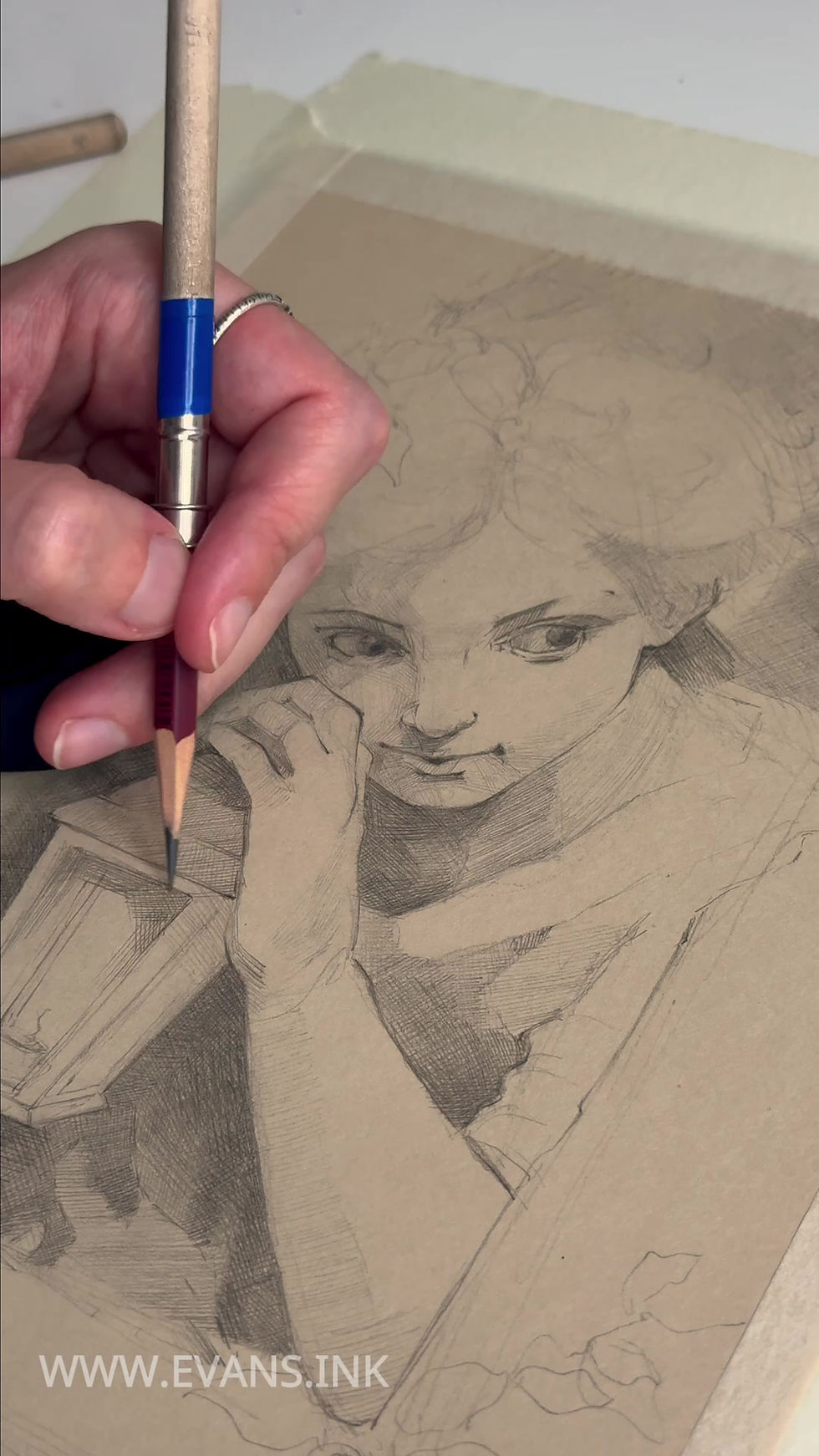 Miniatura: Cherub pencil drawing holding lantern original graphite fine art, symbolic Renaissance-inspired artwork by Yana Evans