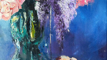 Vibrant textured original oil painting by artist Yana Evans bouquet of purple lilacs, pink and white roses in a dark vase, set against a blue and purple background. Petals scattered on a tablecloth.