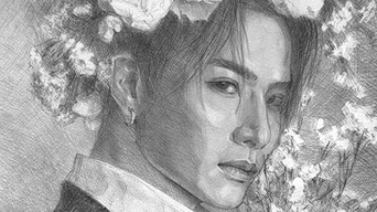 Pencil drawing by artist Yana Evans of Jackson Wang with flowers in their hair, wearing a striped suit. Soft gaze, textured background, with "EVANS INK" text.