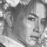 Pencil drawing by artist Yana Evans of Jackson Wang with flowers in their hair, wearing a striped suit. Soft gaze, textured background, with "EVANS INK" text.