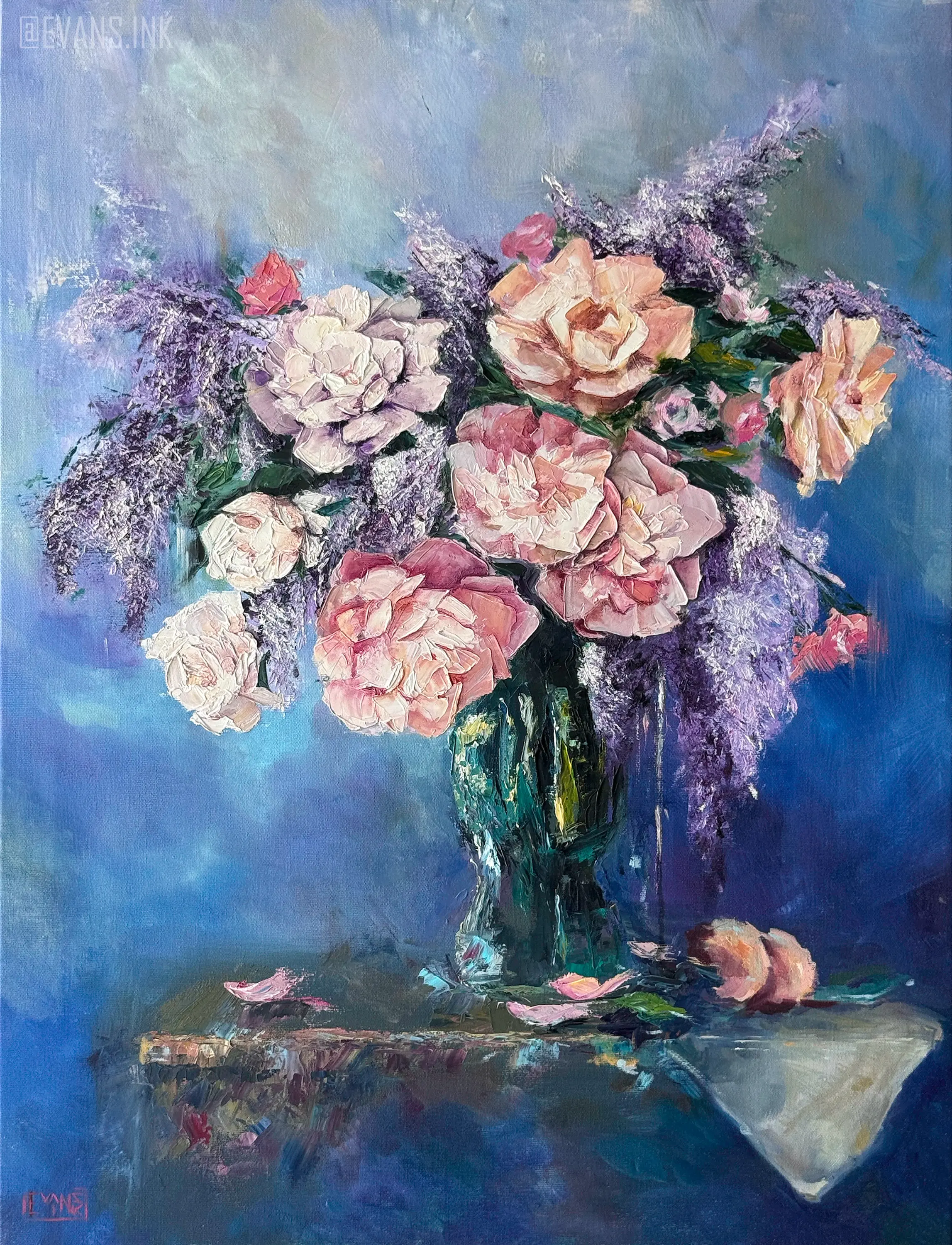 Impasto original oil painting of roses and lilacs in a vase, with textured petals and a blue background by Yana Evans.