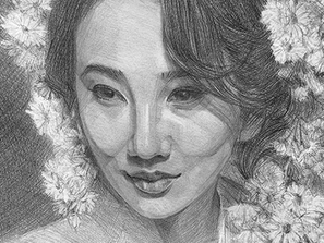 Graphite portrait drawing by Yana Evans featuring a woman adorned with camomile flowers, symbolizing grace, healing, and inner strength © evans.ink