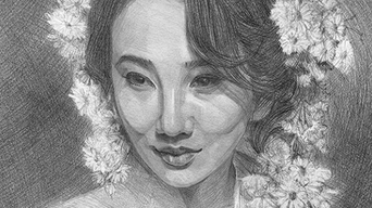 Graphite portrait drawing by Yana Evans featuring a woman adorned with camomile flowers, symbolizing grace, healing, and inner strength © evans.ink