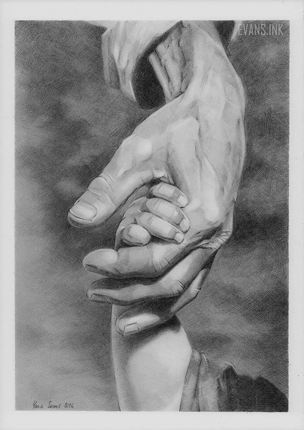 Original realistic graphite drawing of an elderly hand holding a toddler by Yana Evans artwork about family and generations
