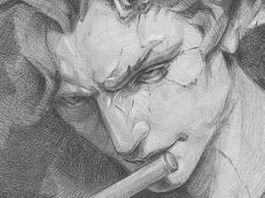 Drawing by Yana Evans of a horned figure with pointed ears playing a flute depicting greek god Pan or Roman god Faunus. The detailed pencil sketch features textured shading. Signature reads @EVANS.INK.