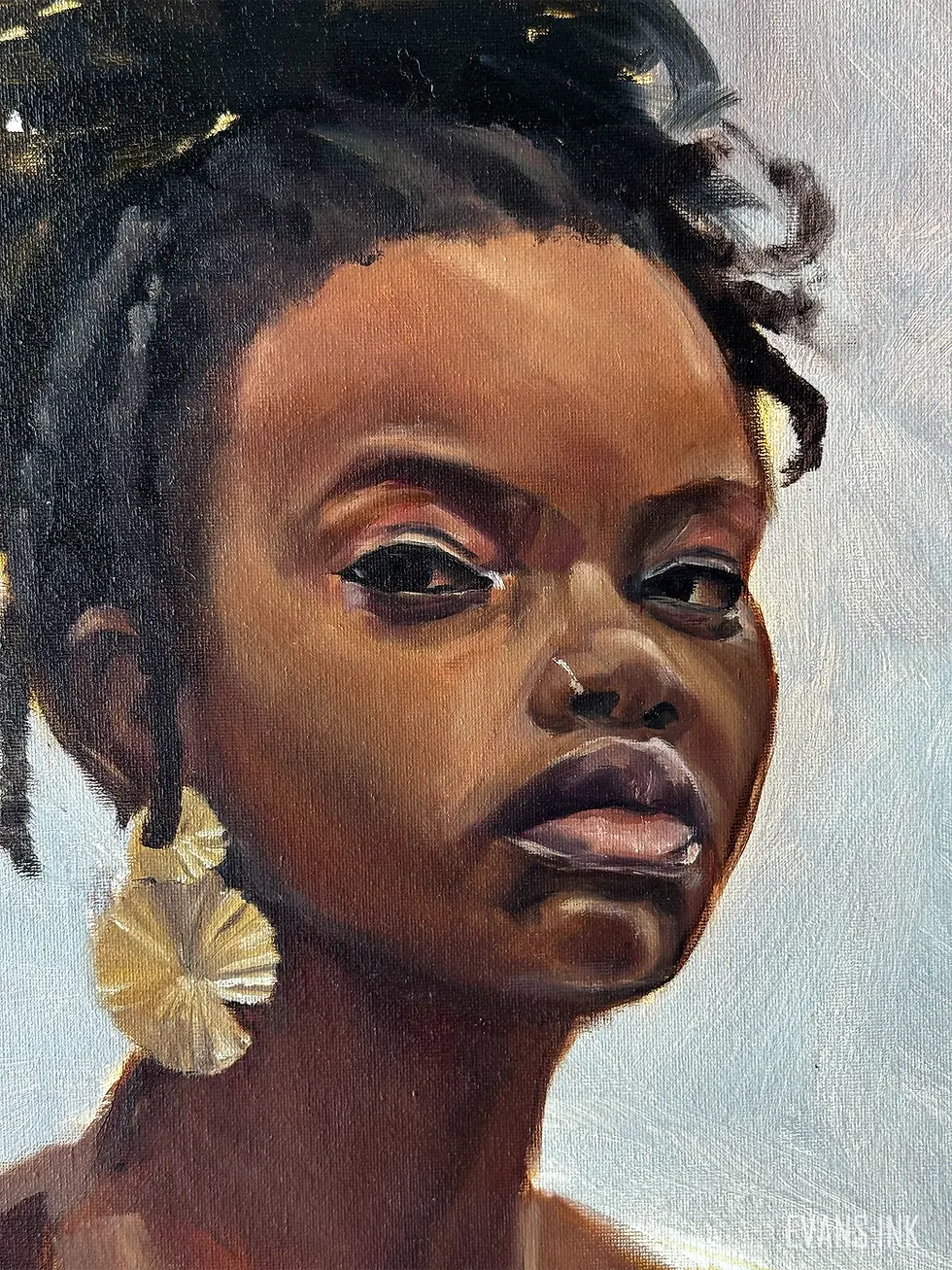 Alla prima oil portrait of a Black woman with natural hair and bold earrings, conveying strength, pride, and resilience