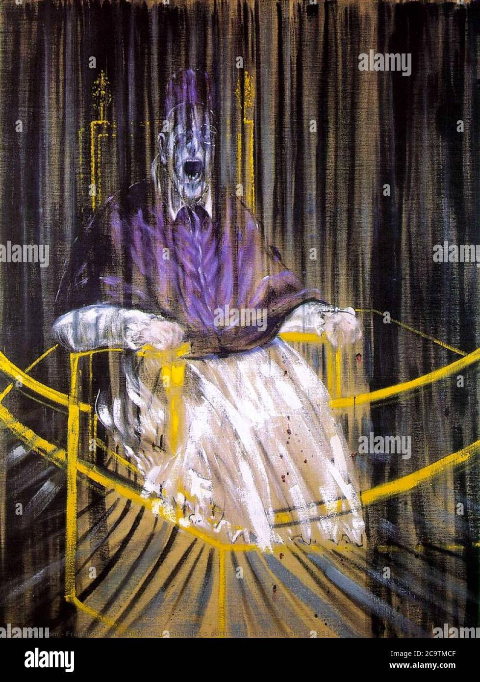 A figure in purple robes, resembling a Pope, sits on a yellow chair, appearing to scream. The background is dark with vertical lines.