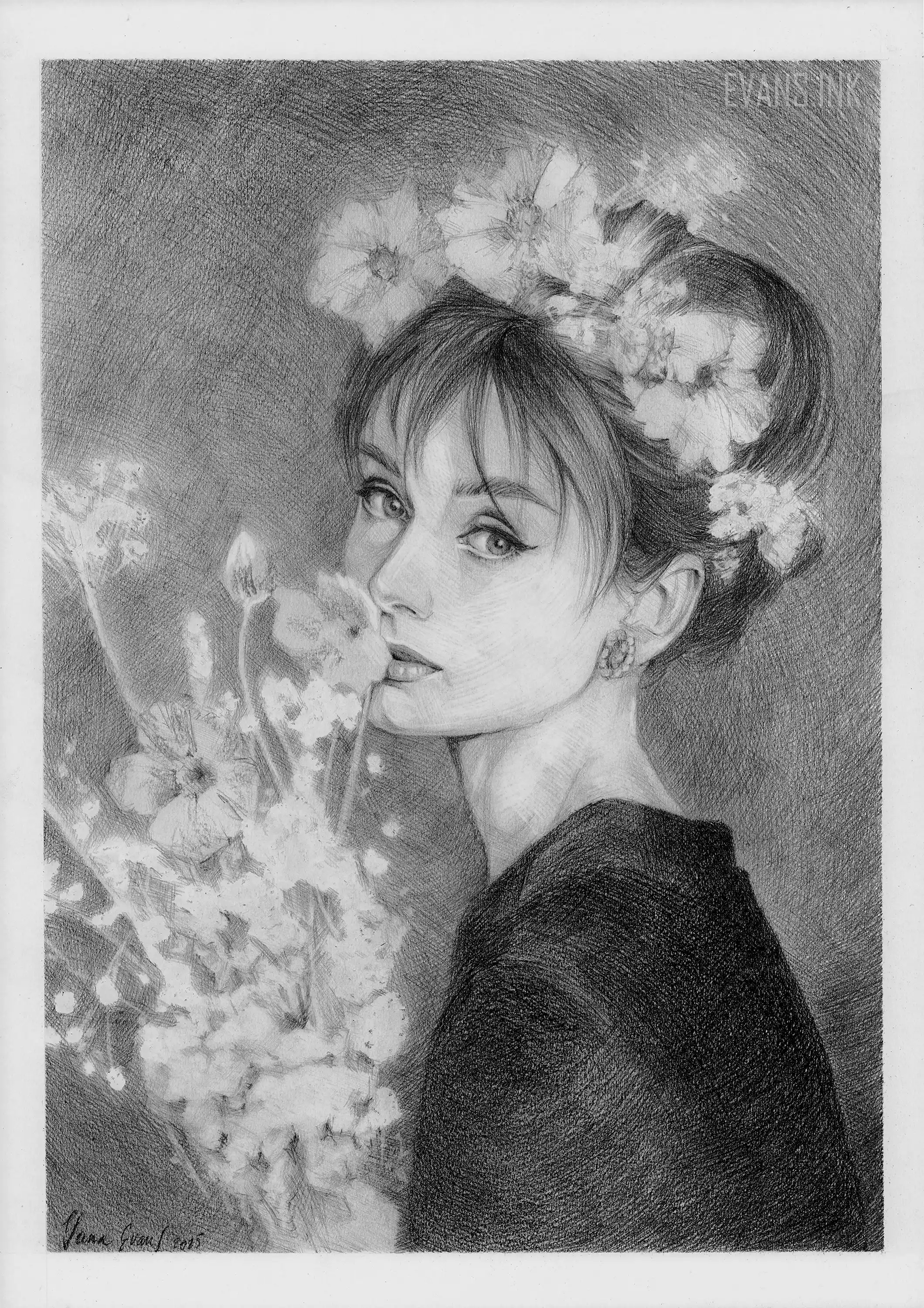 Flor eterna – Dibujo original a lápiz de Audrey Hepburn