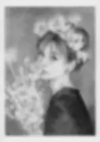 Graphite portrait of a Audrey Hepburn with flowers in her hair holding blossoms near her lips detailed drawing by Yana Evans