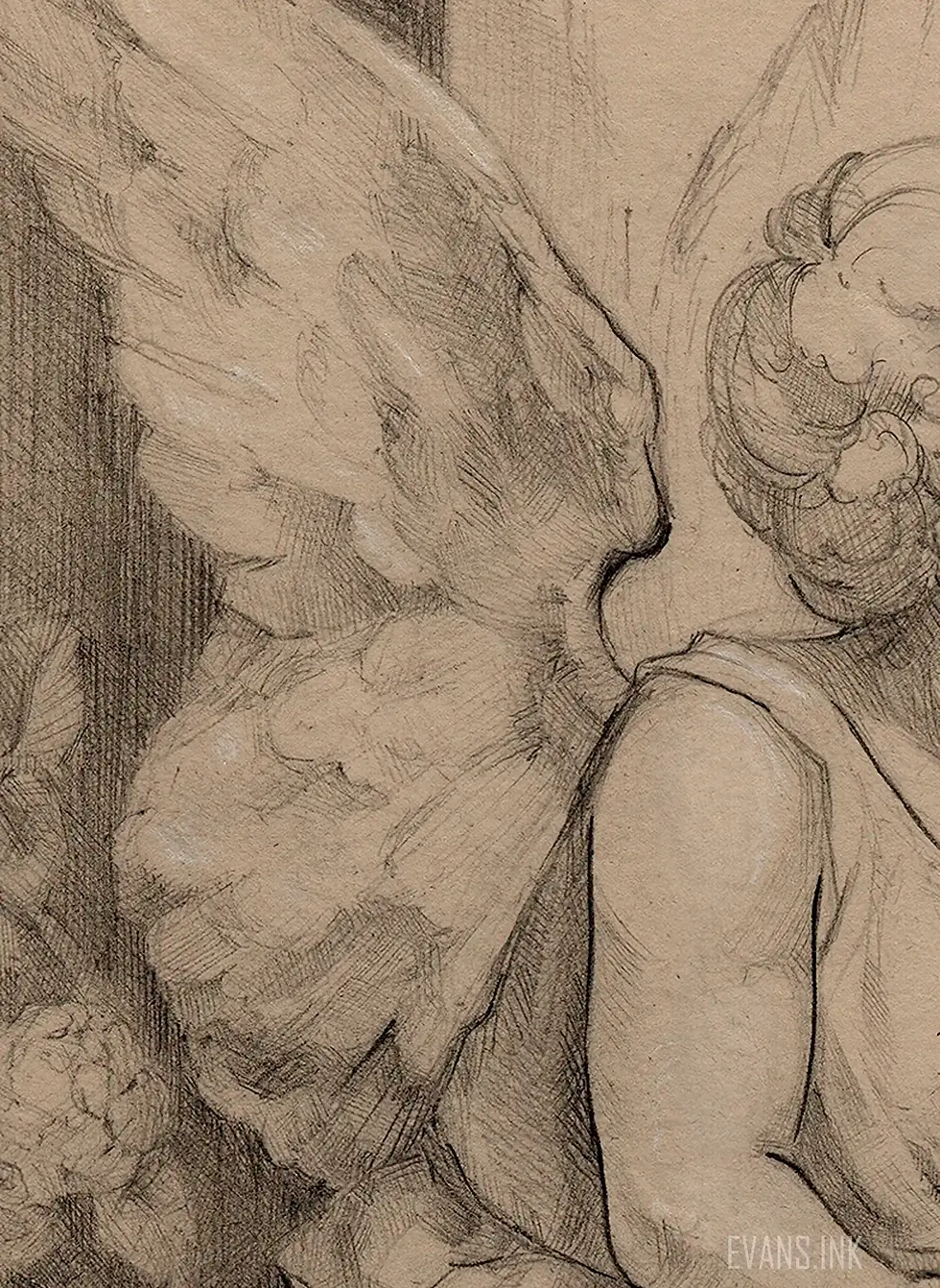 Thumbnail: Pencil drawing of a cherub angel with wings reaching upward toward a butterfly in flight by Yana Evans