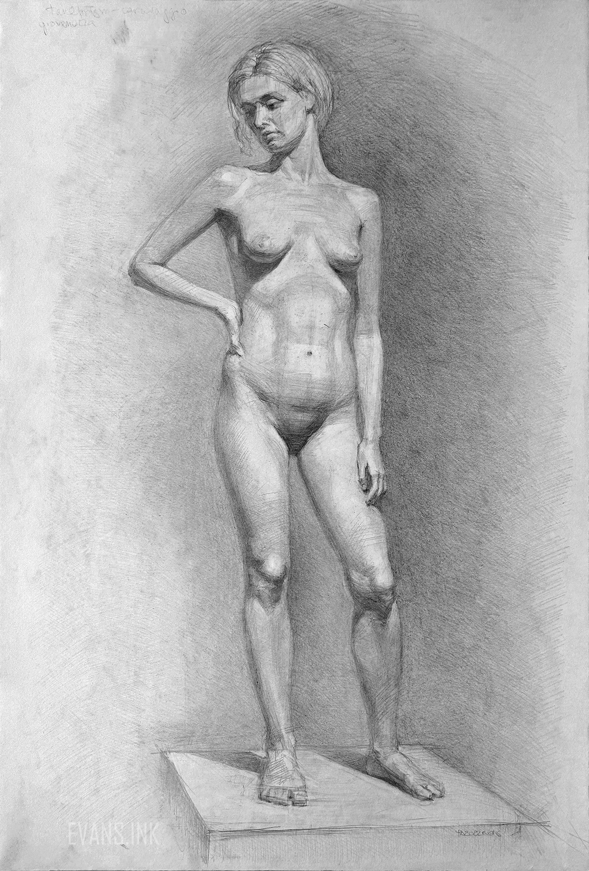 Academic nude female drawing by Yana Evans in Russian Drawing Method with graphite on paper, classical and expressive.