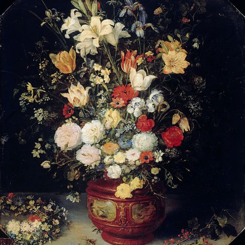 Floral still life by Jan Brueghel the Elder featuring a lavish bouquet with camomile, tulips, lilies, and roses in a red vase painted in the early 17th century.