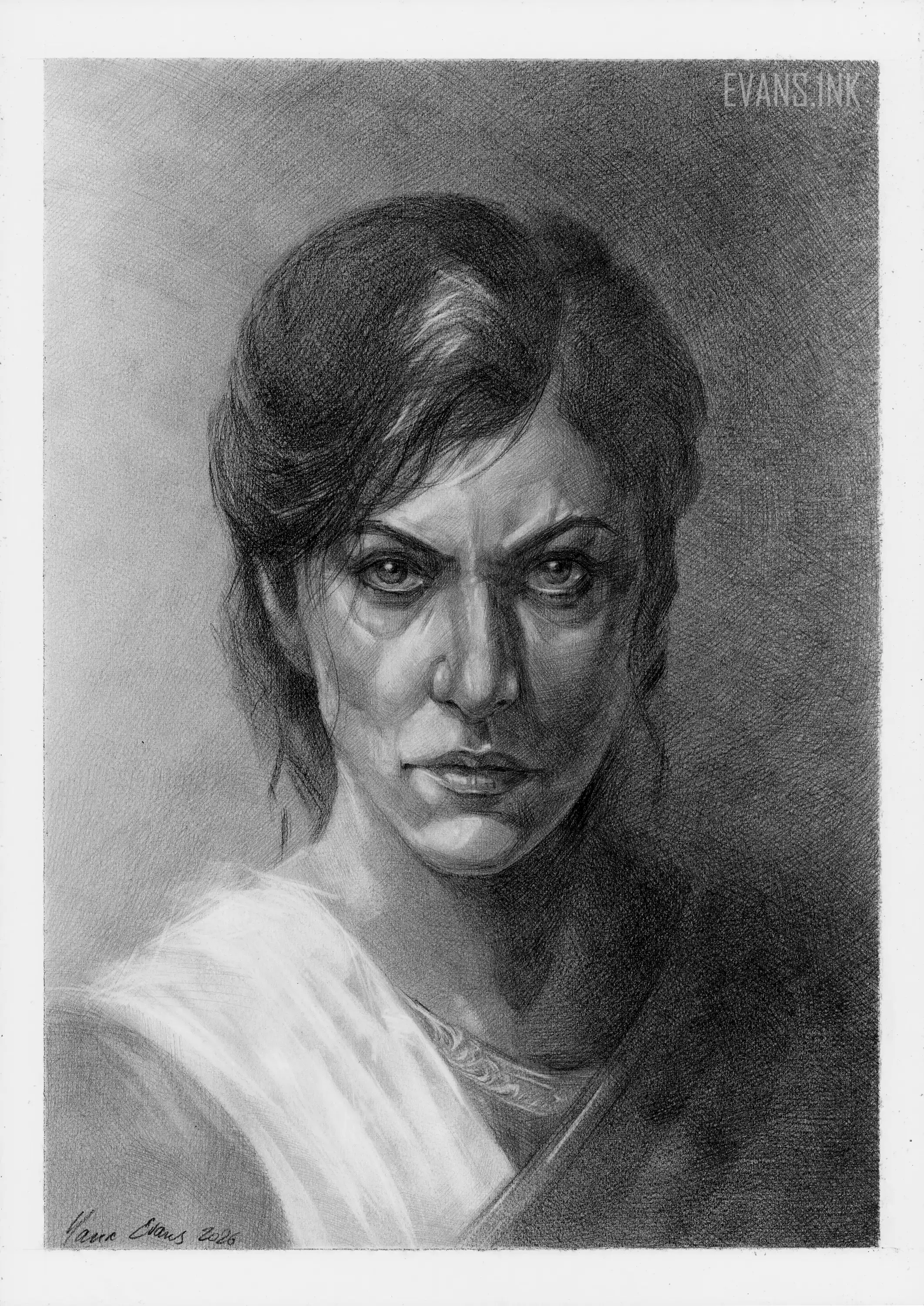 Graphite portrait drawing of a Spartan Ancient Greek woman by Yana Evans powerful intense eyes fierceful face expression