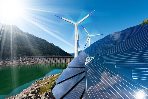 Renewable Energy - Sunlight with solar panel. Wind with wind turbines. Rain with dam for h