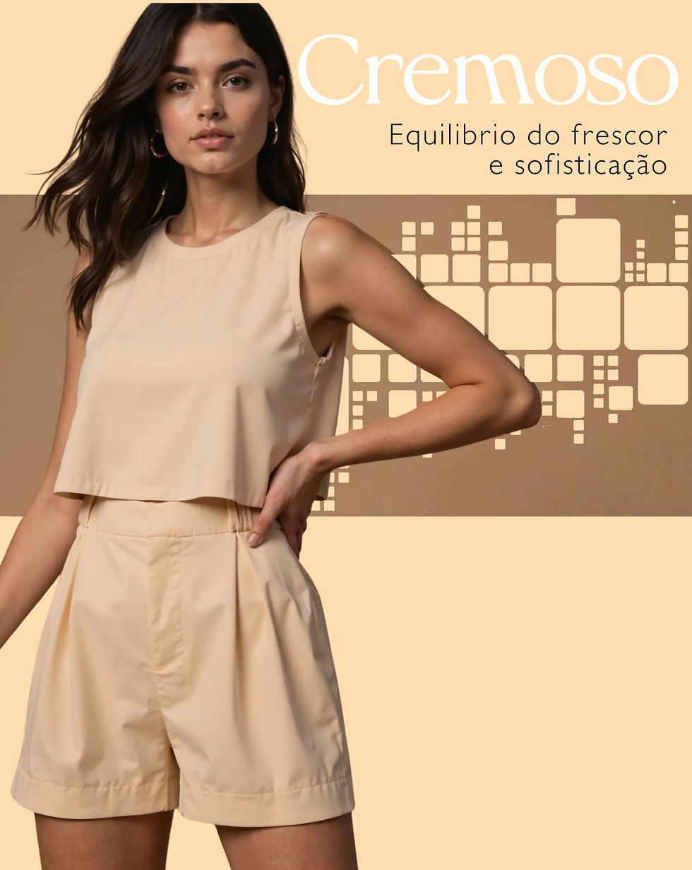 Cremoso: Para peças minimalistas, casuais ou com styling mais elegante, esta cor é ideal para propostas que pedem neutralidade com presença.