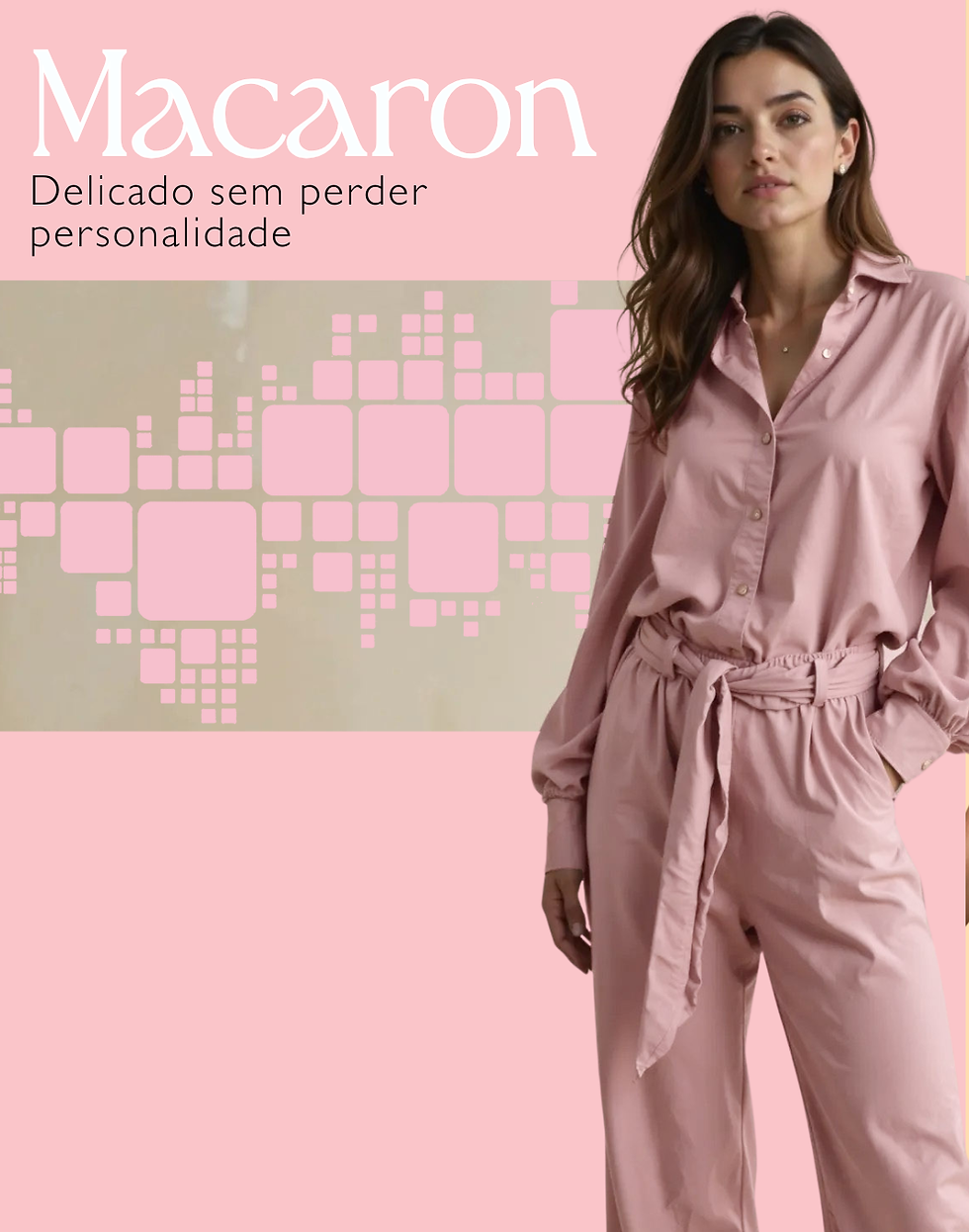 Macaron: Ideal para coleções voltadas ao autocuidado, loungewear, moda esportiva ou looks minimalistas com toque romântico. Combinado a bases fluídas e de toque macio, este rosa transforma a peça em mood.