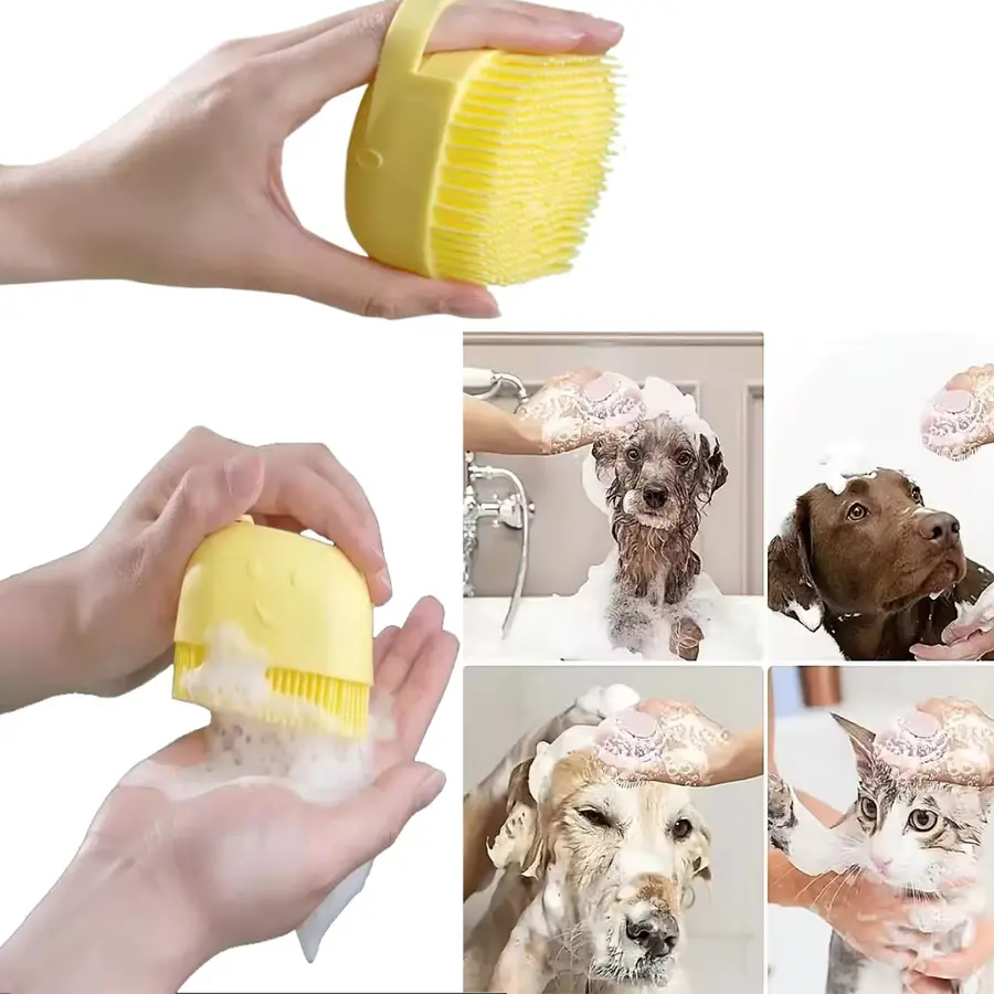 Miniatura: Escova de banho para animais de estimação, massageador de silicone macio.