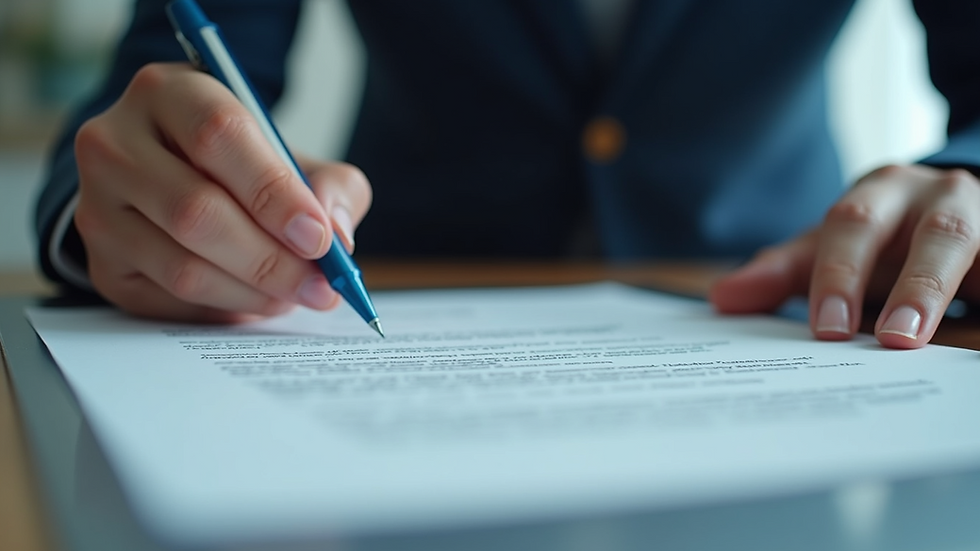 Close-up view of a person analyzing contract documents with AI tools