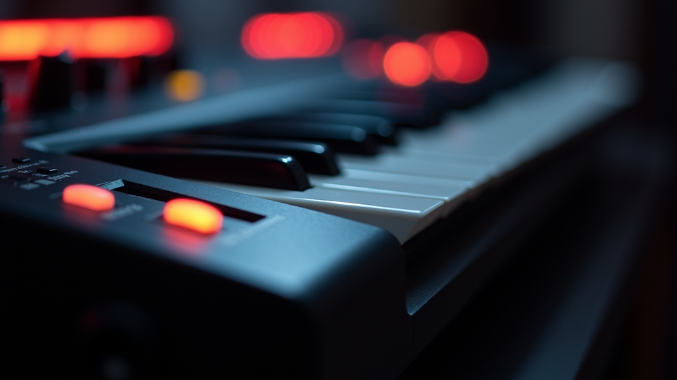 Plano cerrado de un teclado musical digital con luces y botones iluminados