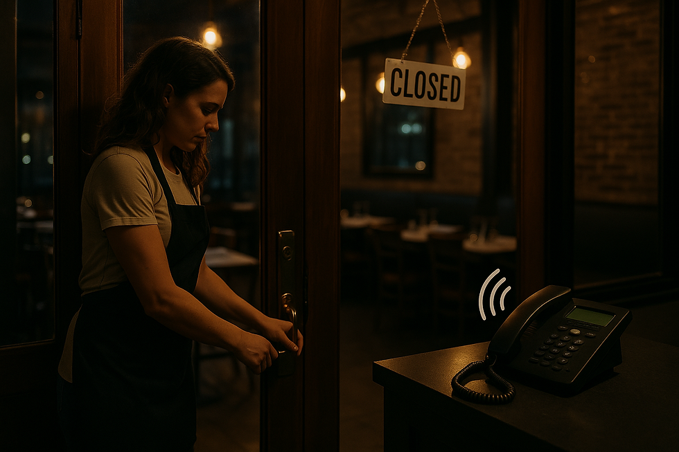 Restaurant employee locking up for the night while a phone rings inside, symbolizing missed after-hours calls and lost orders.