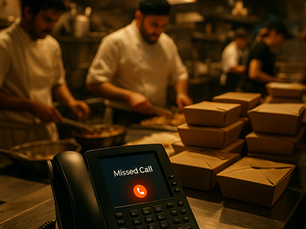 A busy restaurant kitchen with chefs cooking in the blurred background, while a black desk phone in sharp focus shows a glowing red “Missed Call” notification. Stacks of brown takeout boxes are stacked beside the phone under warm, dramatic lighting.