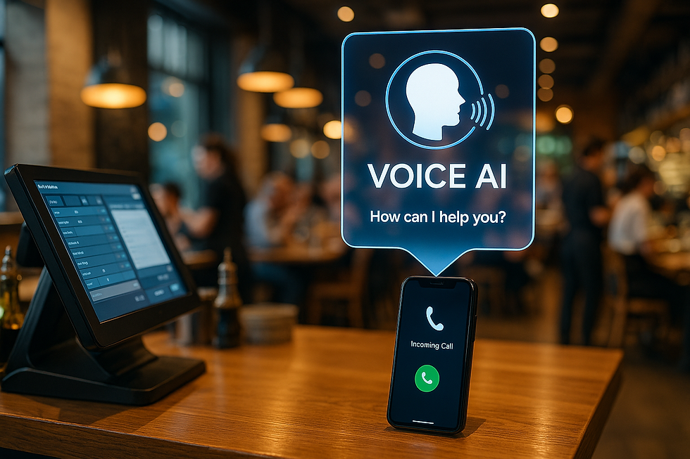 A modern restaurant with a busy, vibrant atmosphere featuring a smartphone showing an incoming call and a glowing digital “Voice AI” interface above it, next to a POS system.