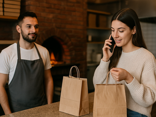 Woman placing a takeout order over the phone at a cozy pizzeria counter, holding a paper bag while a staff member in an apron listens, with a brick pizza oven glowing in the background.