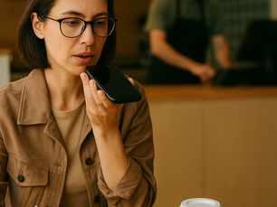Woman using voice command on her smartphone to place a restaurant order while eating a salad, with a staff member preparing food in the background.