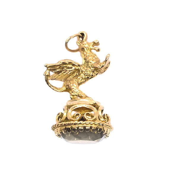 Thumbnail: Vintage 9ct gold Dragon Fob set with Citrine right side view