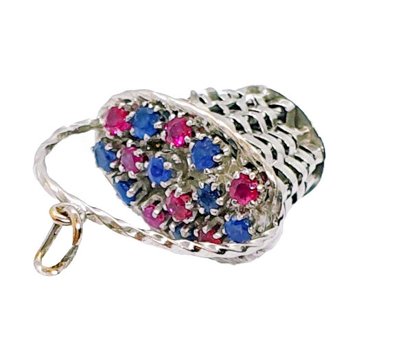 Thumbnail: Vintage 18ct white gold Basket Charm showing rubies and sapphires in the basket