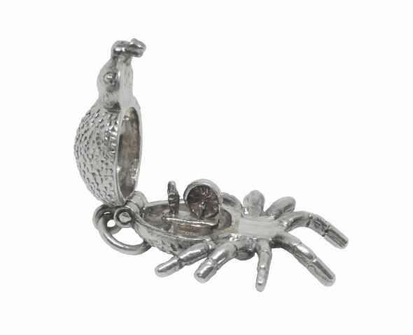 Thumbnail: Vintage sterling silver Spider charm open view showing a spinning wheel inside