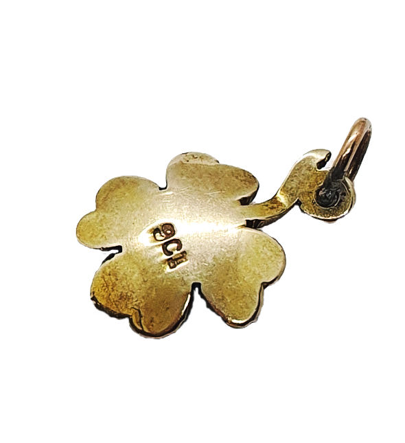 Thumbnail: Vintage gold enamelled Shamrock charm showing hallmark on teh reverse