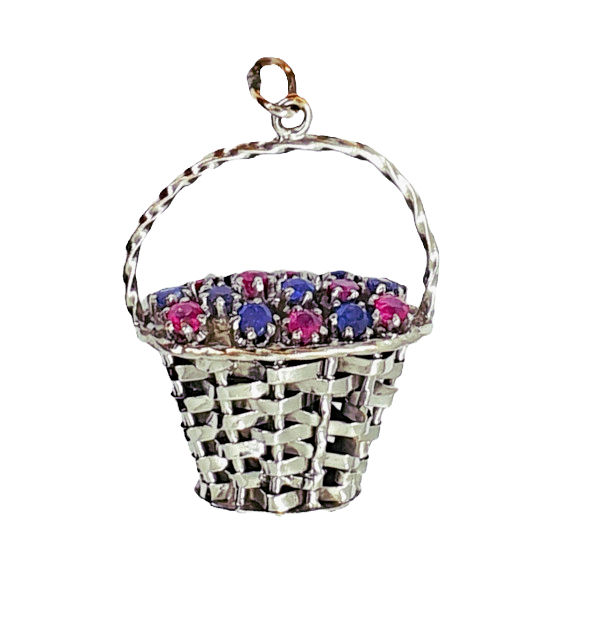 Vintage 18ct white gold woven Basket Charm set with rubies and sapphires