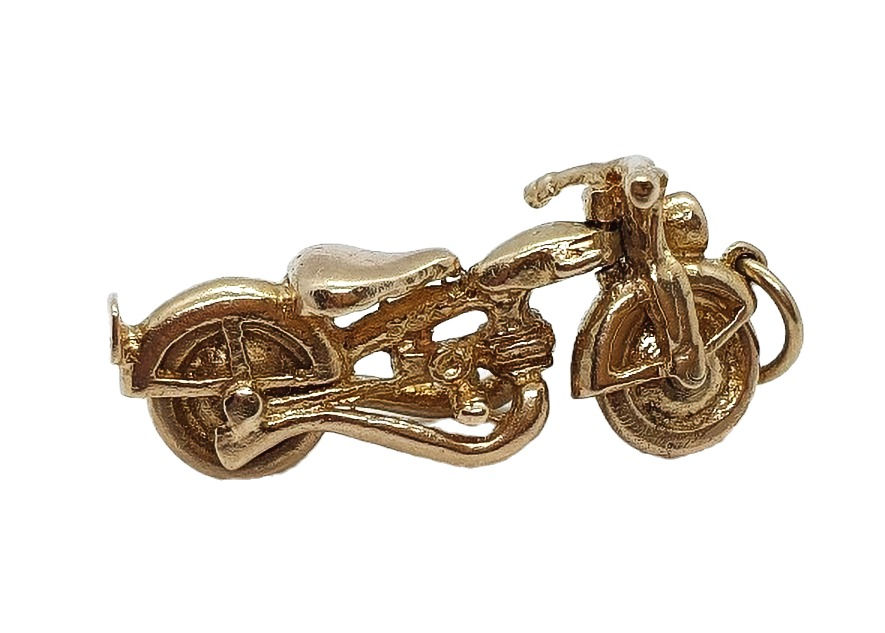 Thumbnail: A Vintage 9ct Gold Motorcycle Charm with moveable wheels and handlebar, right side view