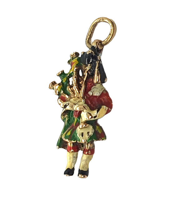 Thumbnail: Vintage 9ct Gold Scots Guardsman Bagpiper Charm front view