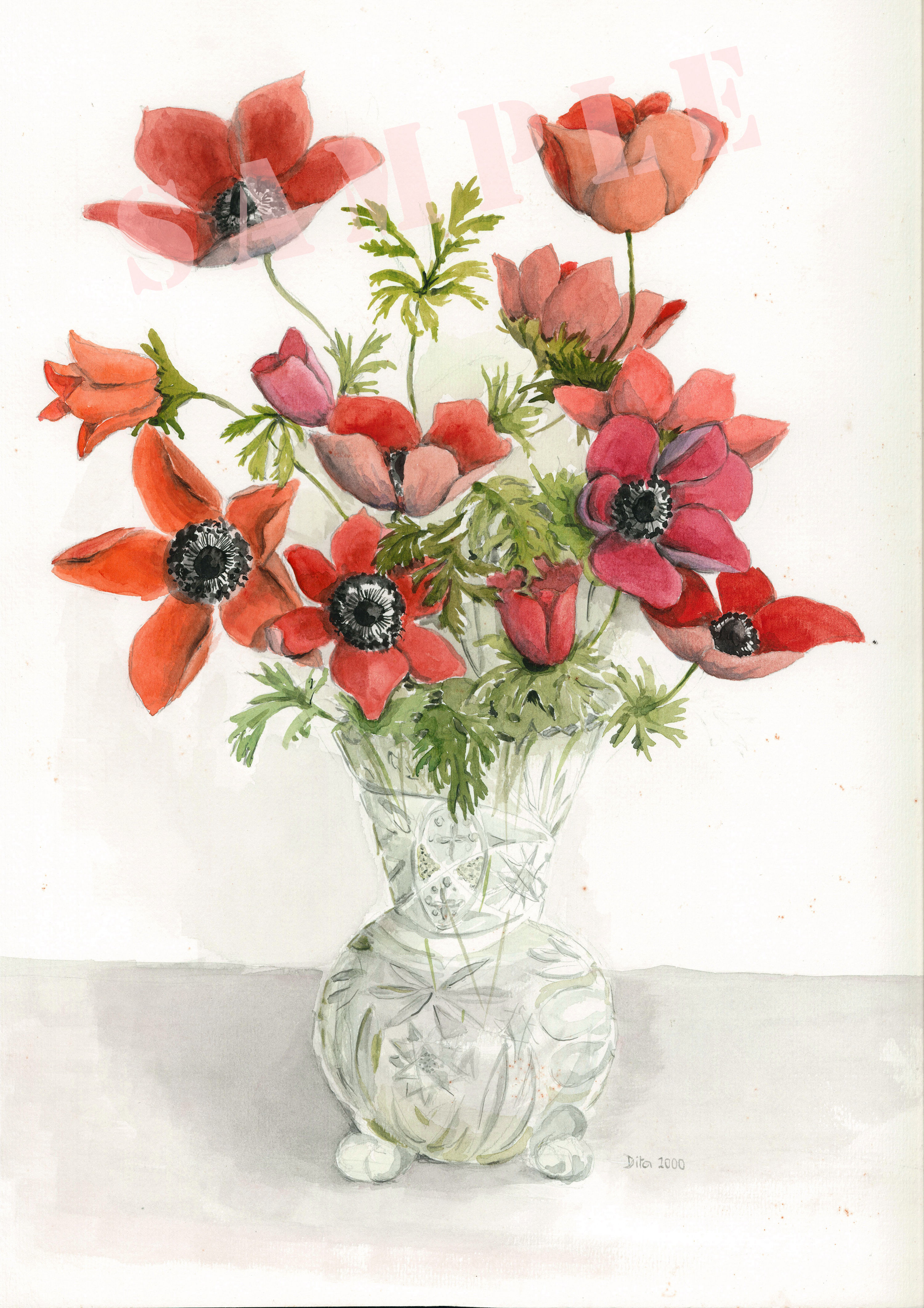Anemonies in crystal vase. 2000