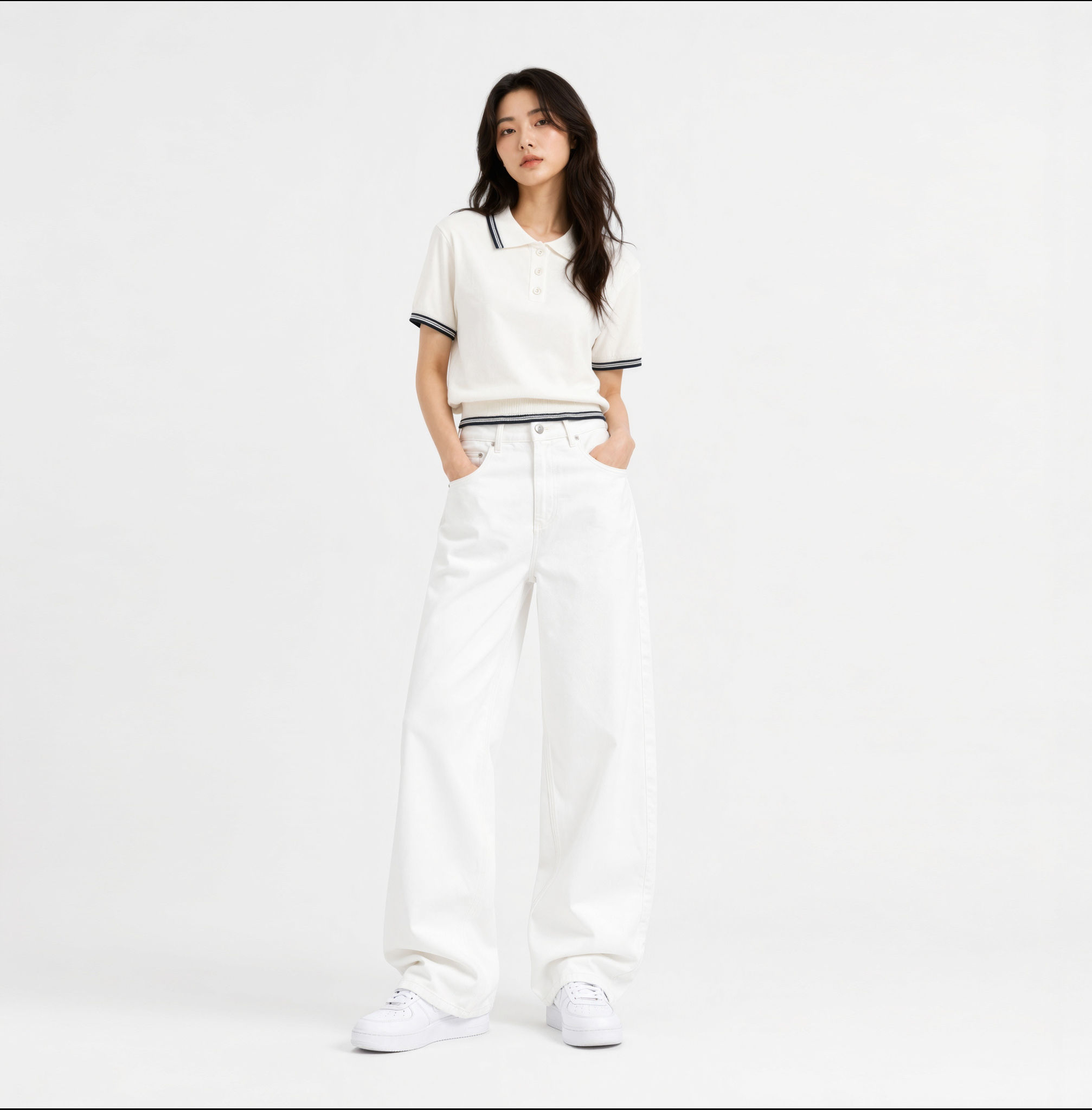 Áo Len cổ dệt kim polo sọc viền