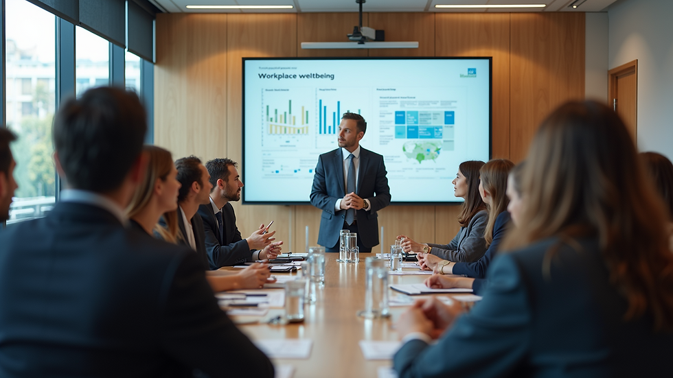 High angle view of a meeting room with a presentation on workplace wellbeing