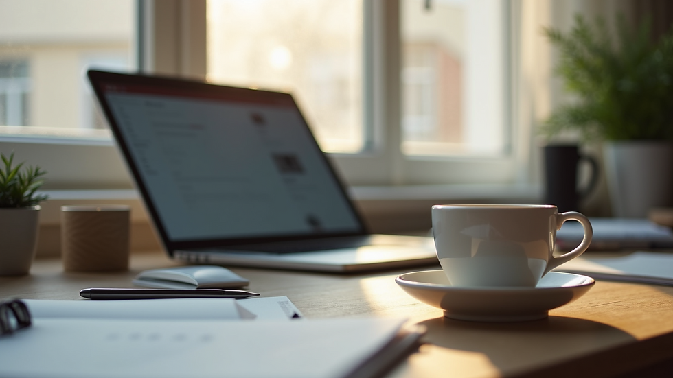 Eye-level view of a tidy home office with a laptop and a cup of tea