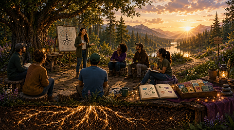Outdoor workshop with people gathered under a large tree at sunset.